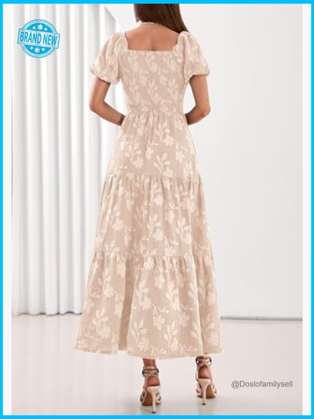 Boho Maxi Dress Floral Square Neck Smocked Bodice Flowy Tiered Summer - Picture 4 of 7